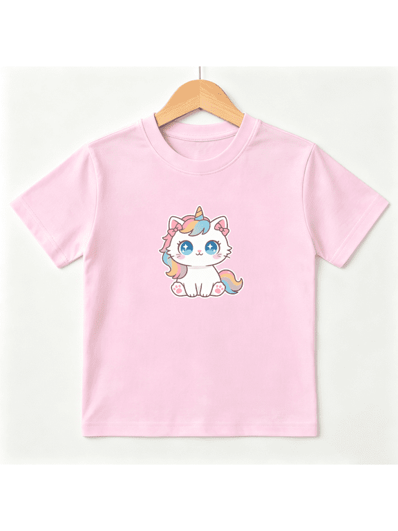 Unicorn Cat Girls Graphic Tee, Cute Magic Kitten Rainbow 100% Cotton Kids Short Sleeve T-Shirt