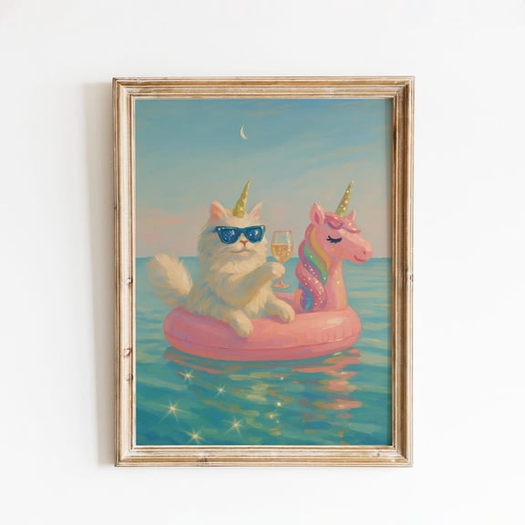 Unicorn Cat Pool Party Poster – Whimsical Summer Wall Art, Unframed Poster Size 8x12