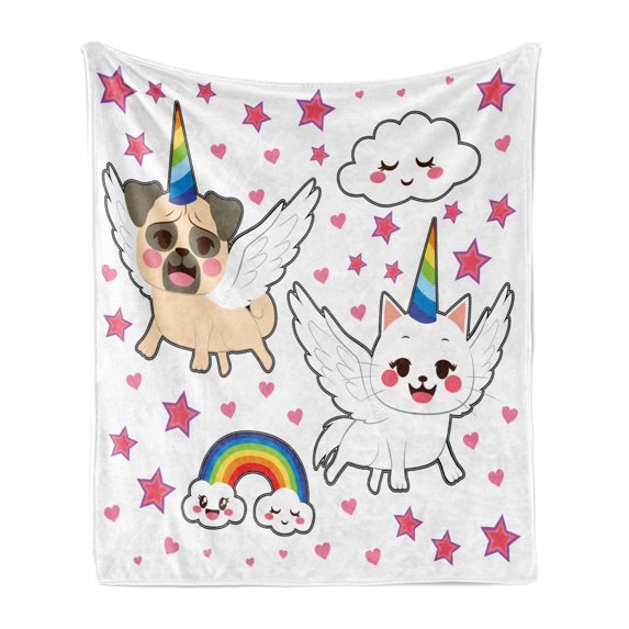Unicorn Cat Soft Flannel Fleece Throw Blanket, Comic Pop Art Style Fiction Animals Funny Faces Rainbow Horns Stars, Cozy Plush for Indoor and Outdoor Use, 70" x 90", Multicolor, by Ambesonne