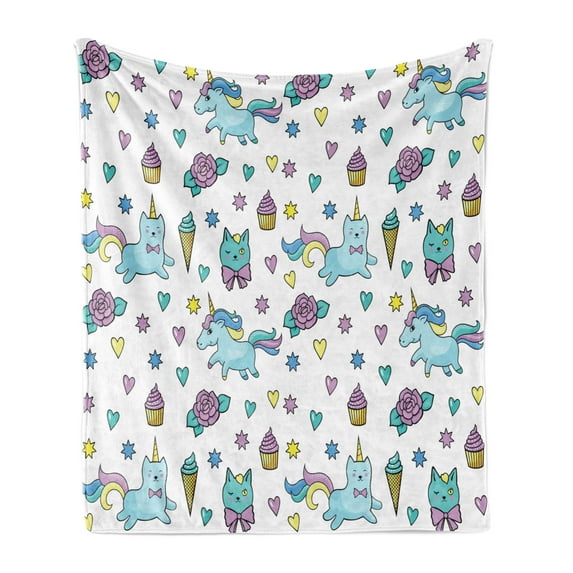 Unicorn Cat Soft Flannel Fleece Throw Blanket, Girls Pattern Hearts Stars Flowers Ice Cream Funny, Cozy Plush for Indoor and Outdoor Use, 70" x 90", Pale Blue Lavender, by Ambesonne