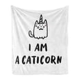 thumbnail image 1 of Unicorn Cat Soft Flannel Fleece Throw Blanket, Humorous Words I am a Caticorn with Hand Drawn Fictional with Horn, Cozy Plush for Indoor and Outdoor Use, 70" x 90", Black White, by Ambesonne, 1 of 5