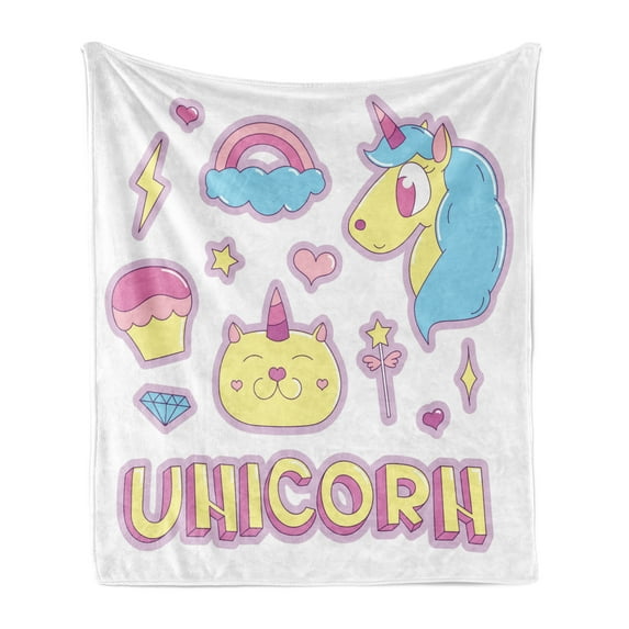 Unicorn Cat Soft Flannel Fleece Throw Blanket, Illustration Magic Horse Kitten Cupcake Rainbow, Cozy Plush for Indoor and Outdoor Use, 50" x 60", Pale Yellow Sky Blue, by Ambesonne