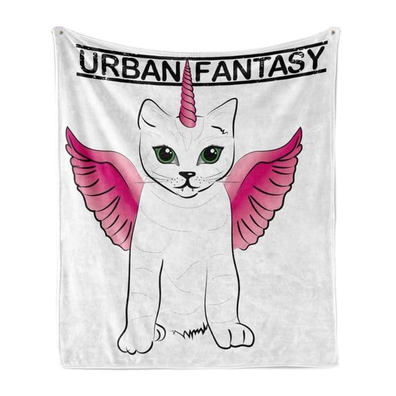 Unicorn Cat Soft Flannel Fleece Throw Blanket, Urban Fantasy Theme Cat with Pink Wings and Horn Vintage Fiction Art, Cozy Plush for Indoor and Outdoor Use, 60" x 80", Pink Black, by Ambesonne