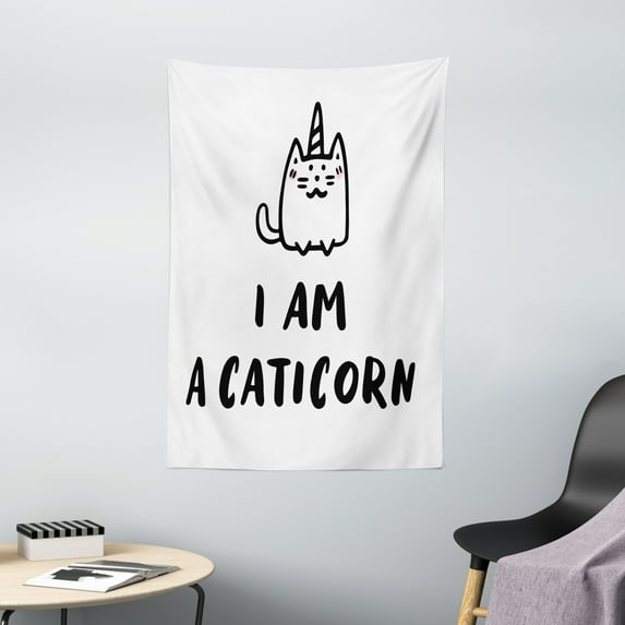Unicorn Cat Tapestry, Humorous Quote "I am a Caticorn" with Hand Drawn Fictional Figure with Horn, Wall Hanging for Bedroom Living Room Dorm Decor, 40W X 60L Inches, Black White, by Ambesonne