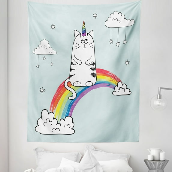 Unicorn Cat Tapestry, Sketchy Rainbow Follow Your Dreams Inspirational Fantasy Sky, Fabric Wall Hanging Decor for Bedroom Living Room Dorm, 5 Sizes, Multicolor, by Ambesonne