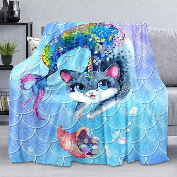 Unicorn Cat Throw Blanket, Blue Blanket, Twin Blanket, Mermaid Tail Fish Scale Mermaid Blanket, Cozy Soft Fuzzy Flannel Fleece Blanket for Bed, Couch, Sofa, Mermaid Gifts for Girls, 60"x80"