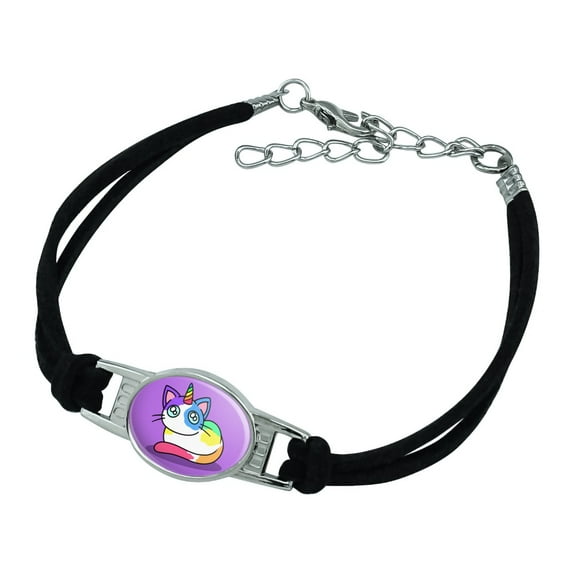 Unicorn Cat with Rainbow Calico Markings Novelty Suede Leather Metal Bracelet