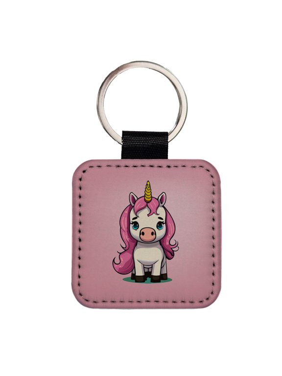 Unicorn Chibi Pink Hair Faux Leather Square Keychain