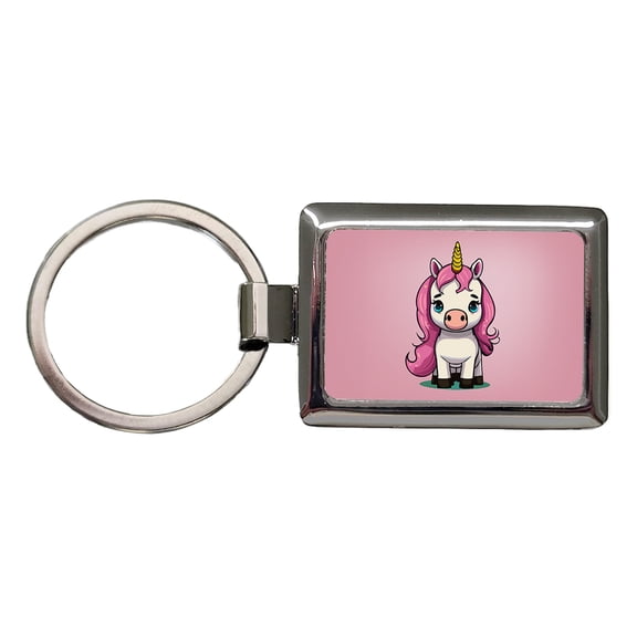 Unicorn Chibi Pink Hair Metal Rectangle Keychain