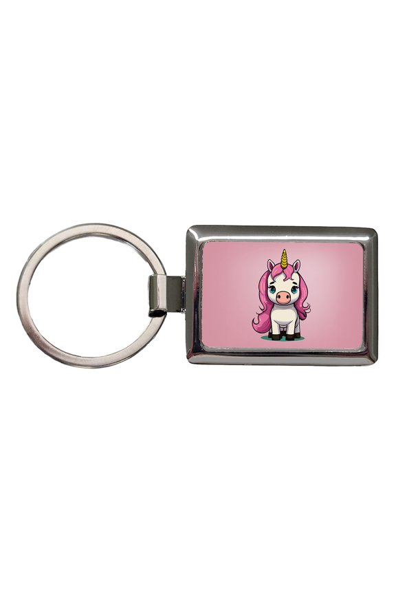 Unicorn Chibi Pink Hair Metal Rectangle Keychain