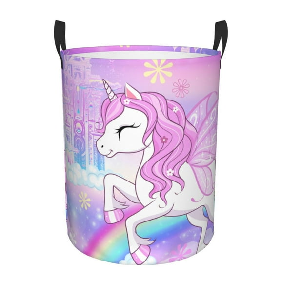 Unicorn Circular Laundry Hamper With Handles, Collapsible Canvas Organizer Basket For Dirty Clothes, Storage Or Bedroom