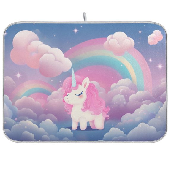 Unicorn Clouds in Rainbow Dish Drying Mat Dish Drainer Rack Mats Water Absorbent Non-Slip Easy Clean Heat Resistant for Kitchen Counter