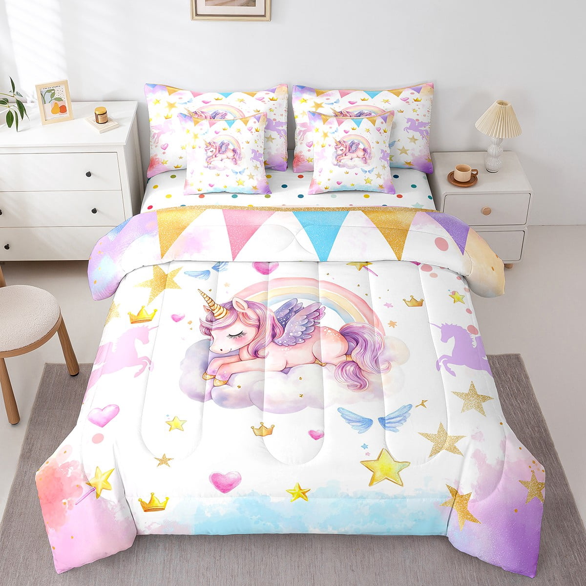 Unicorn Pattern Print Bed Set Quilt