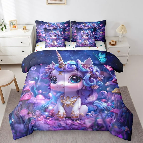 Unicorn Comforter Set Purple Galaxy Starry Full 7-Piece Bedding Set Teens Botancial Mushroom Decor Bed In A Bag Butterfly Kawaii Animals Fitted Sheet