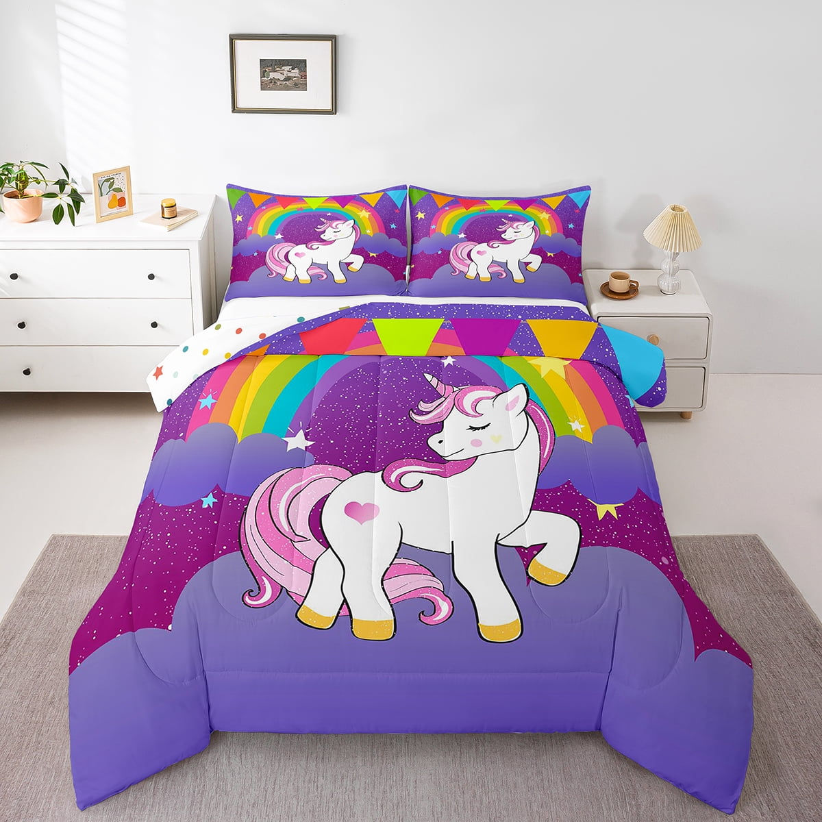 Feelyou Galaxy Unicorn Comforter Set For Kids - Twin Size, Microfiber, Cute Unicorn & Cat Design