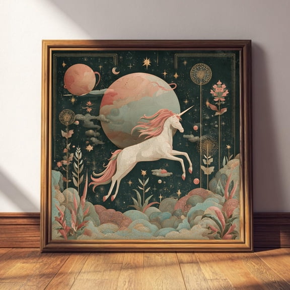 Unicorn Cosmic Garden Art Print, Pastel Celestial Landscape, Unframed Paper Poster 8x10in