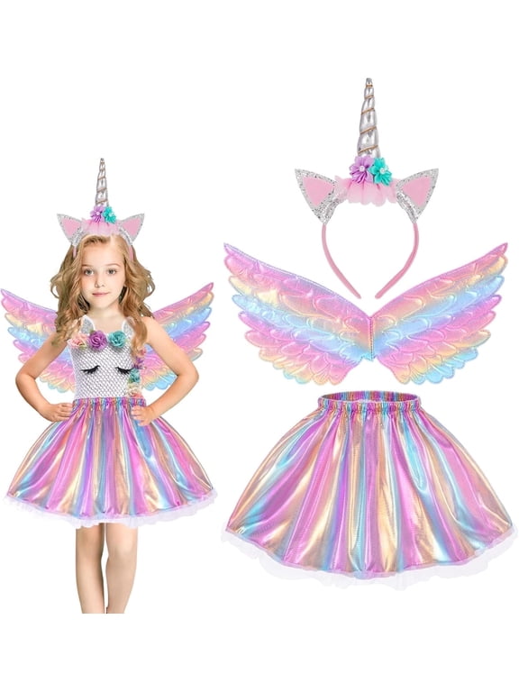 Unicorn Costume for Girls, Tutu Skirt Wings Unicorn Headband Princess Outfit for Birthday Halloween Christmas Cosplay Dress Up