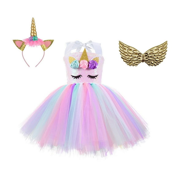 Unicorn Costume for Girls Birthday Gifts Kids Unicorn Tutu Dress with Headband Wing for Unicorn Party 1-10Year