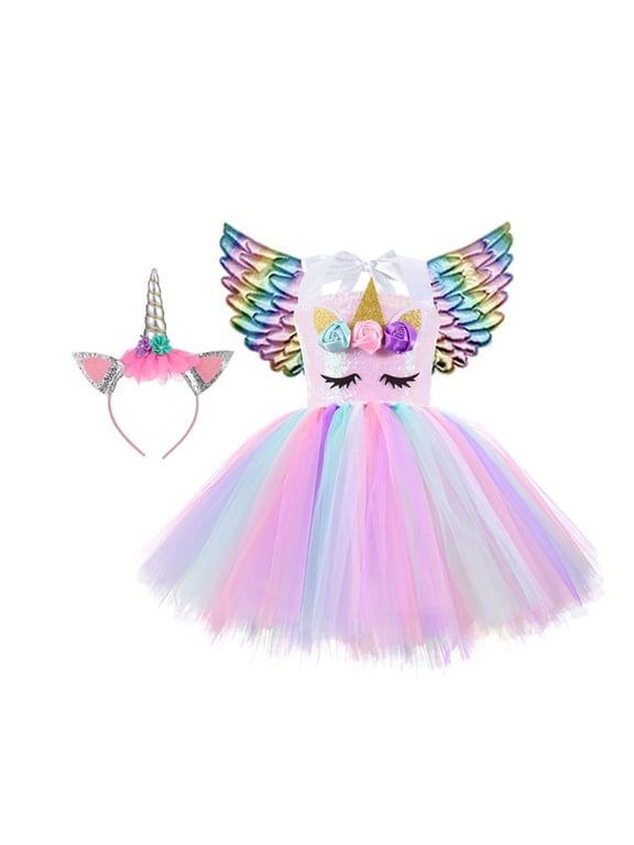 Unicorn Costume for Girls Birthday Gifts Kids Unicorn Tutu Dress with Headband Wing for Unicorn Party 1-10Year