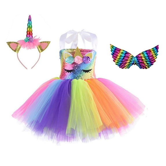 Unicorn Costume for Girls Sequin Rainbow Tutu Dress for Birthday Party with Headband and Wings 2T-10T