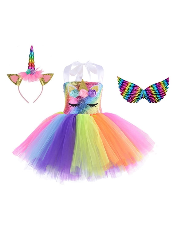 Unicorn Costume for Girls Sequin Rainbow Tutu Dress for Birthday Party with Headband and Wings 2T-10T