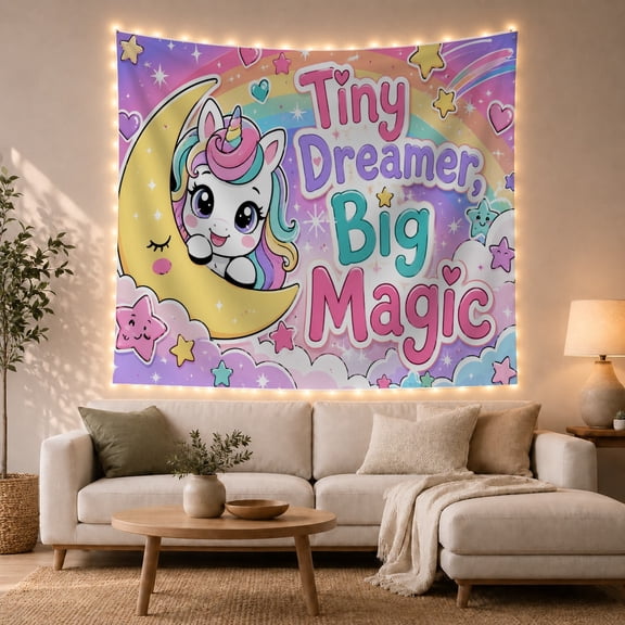 Unicorn on a Crescent Moon with Rainbow and Stars, Dreamy Pastel Fantasy for Teen Girls, Cute Nursery Wall Art, Birthday Gift Tapestry Wall Hanging for Bedroom, Living Room and Dorm