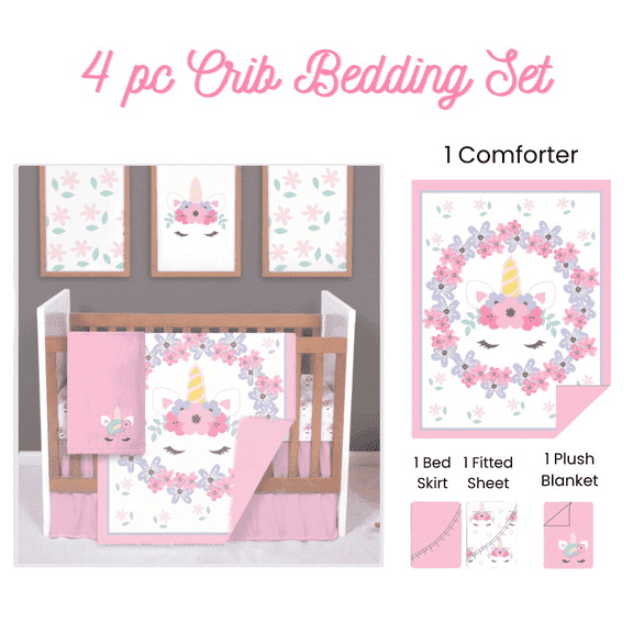 Manhattan Kids Unicorn Nursery Bedding Set for Baby Girls | 4-Piece Crib Sheet & Nursery Décor Set | Soft Pink Unicorn Theme