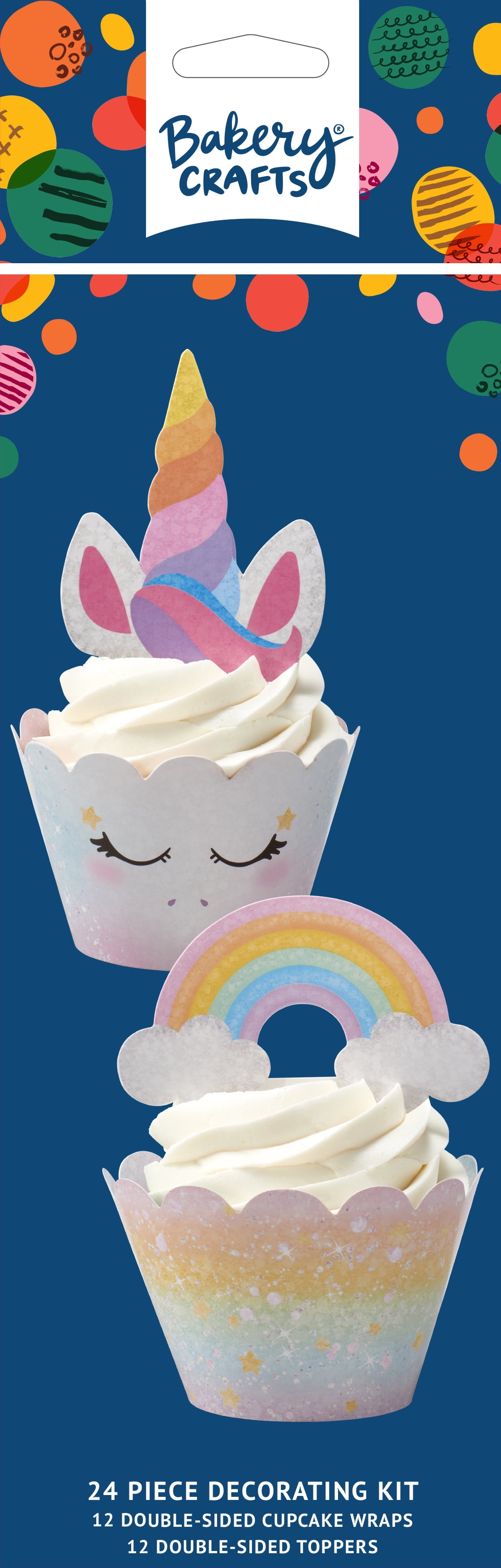 48pcs Happy Birthday Cupcake Toppers & Wrappers Set - Unicorn, Balloons, Rainbows For Girls Party