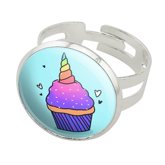 Unicorn Cupcake with Sprinkles Rainbow Silver Plated Adjustable Novelty Ring