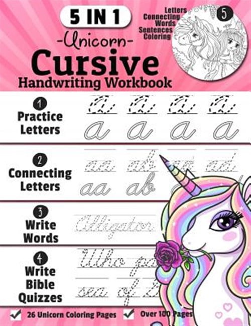 DENIS JEAN Unicorn Cursive Handwriting Workbook: 5-in-1 Cursive Handwriting Practice Books Beginning to Master For Kids: Tracing Letters, Connecting Cursive Lett