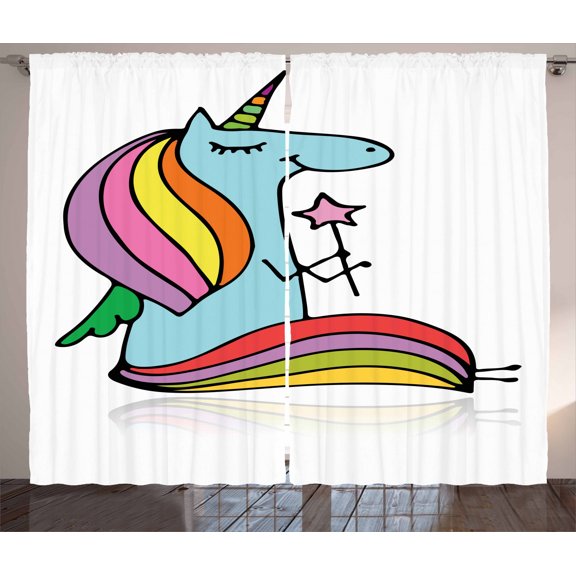 Ambesonne Unicorn Curtains 2 Panel Set, Doodle Mythical Animal, 108" x 84", Multicolor
