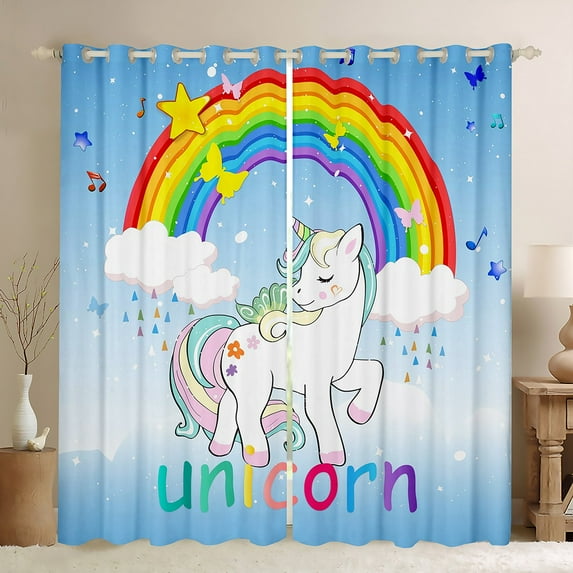 Unicorn Curtains Bedroom Living Room Light Blue And White Unicorn Black Out Curtains Kawaii Rainbow Unicorn Printed Curtains Drapes White Horse Stars Darkening Curtains 52"X84"