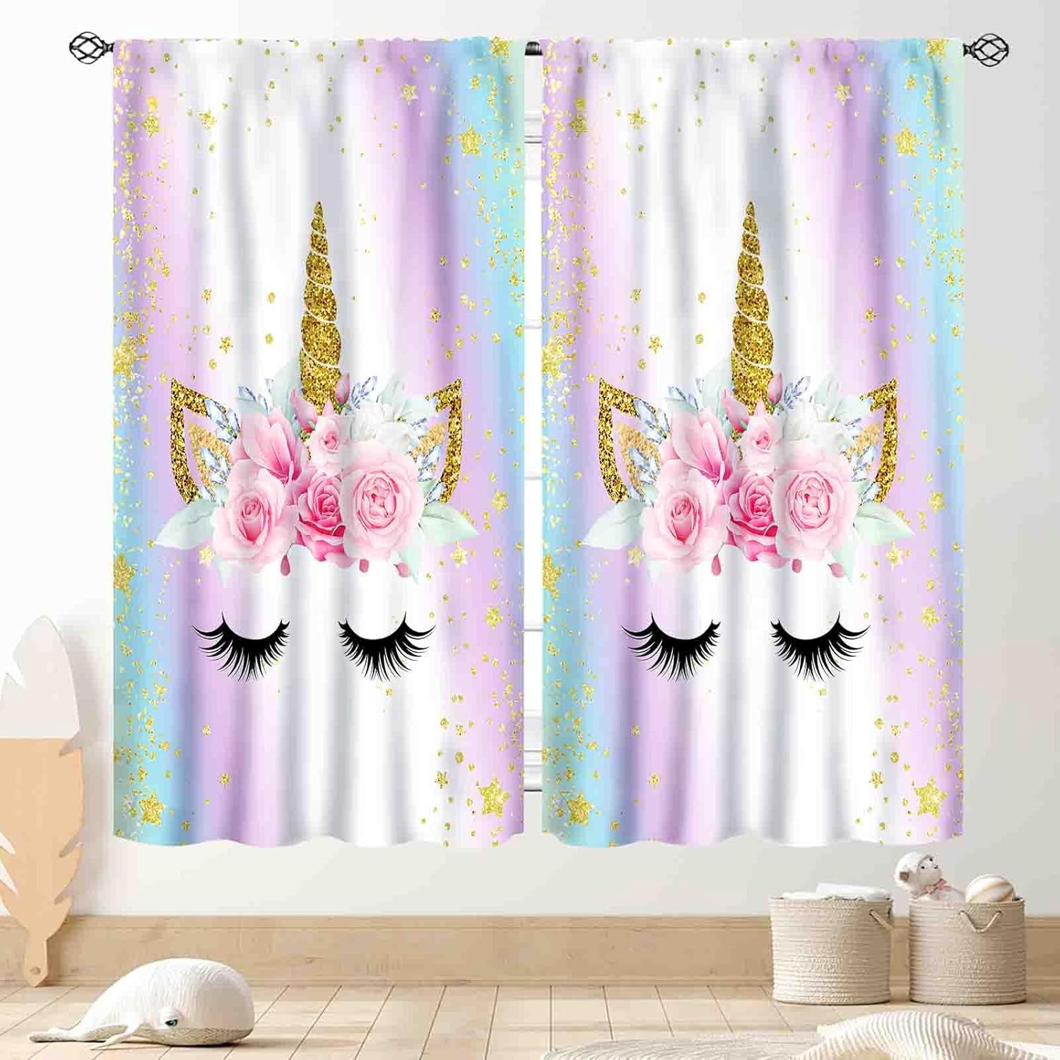 Unicorn Curtains for Girls Bedroom, Ombre Rainbow Pink Gold Princess ...