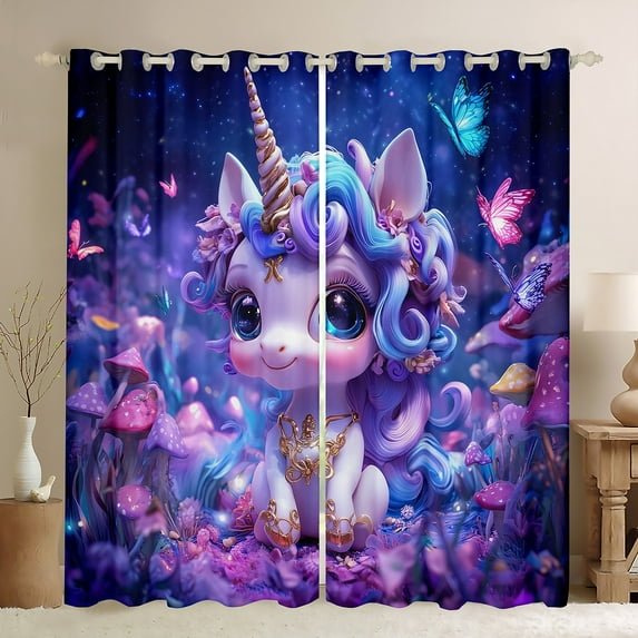 Unicorn Curtains Purple Galaxy Starry (52Wx84L) 2 Panels 30%-50% Blackout Curtains Teens,Botancial Mushroom Decor Curtains & Drapes Butterfly Kawaii Animals Window Curtains