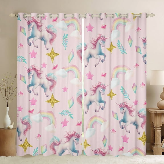 Unicorn Curtains Rainbow Unicorn 30%-50% Blackout Curtains Pink Kawaii Unicorn Bedroom Curtains Stars Fantasy Window Curtains Pink Gradient Curtains Princess Decor,2 Panels (38Wx54L)