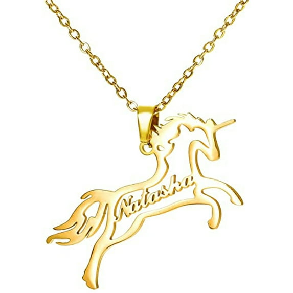 Unicorn Custom Name Necklace, Gold Plated Stainless Steel Personalized Nameplate Pendant Necklaces, Cross Chain, 6 Chain Length Options