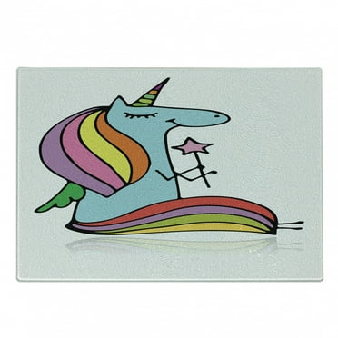 Unicorn Cutting Board, Doodle Drawing of a Mythical Animal Colorful Horse with Horn Holding a Magic Wand, Decorative Tempered Glass Cutting and Serving Board, Small Size, Multicolor, by Ambesonne