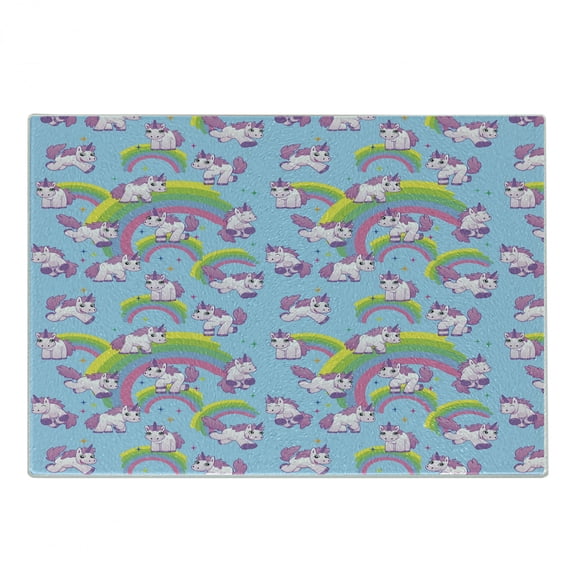 Unicorn Cutting Board, Repeating Pattern Beast Purity Grace Friendship Graphic Art, Decorative Tempered Glass Cutting and Serving Board, Small Size, Multicolor, by Ambesonne