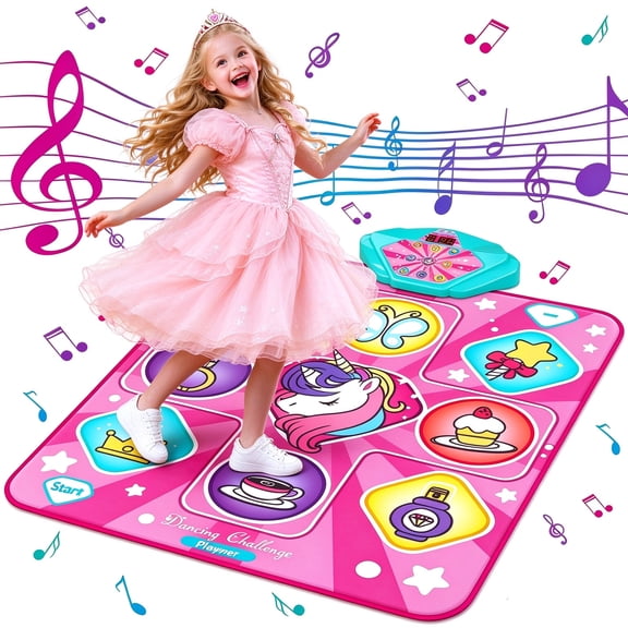 Unicorn Dance Mat, Dance Mixer Rhythm Step Play Mat, Pink Dance Pad with LED Lights, Adjustable Volume, Built-in Music, 5 Game Modes, Xmas B-Day Gifts for 3-12 Years Old Girls Toys