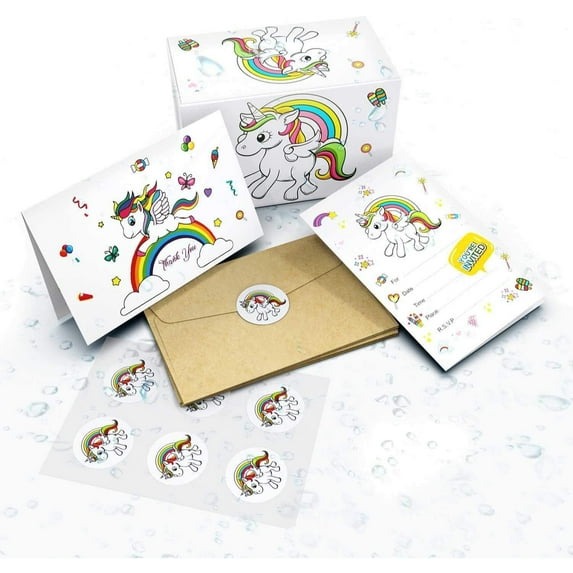 Unicorn Design 24 Invite Cards, 24 Thank You Cards, Bonus 24 Tattoos, and 48 Envelopes