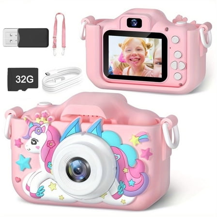 Unicorn Design Kids Camera for 3-10 Year Old Boys Girls, 1080P HD Video Recording, 2.0MP Dual Camera, 20 Filters, Portable Travel Toy for Toddler with TF Card(Blue)