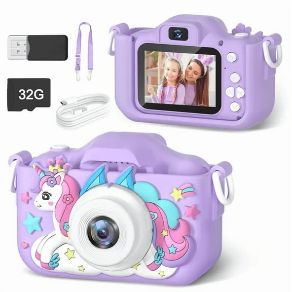 Unicorn Design Kids Camera for 3-10 Year Old Boys Girls, 1080P HD Video Recording, 2.0MP Dual Camera, 20 Filters, Portable Travel Toy for Toddler with TF Card(Green)