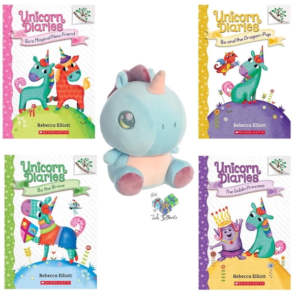 Unicorn Diaries Series Rebecca Elliott: Bo's Magical New Friend, Bo and the Dragon-Pup, Bo the Brave, and The Goblin Princess , Unicorn Plush (Reader Gift Set of Fun and Invaluable Lessons)