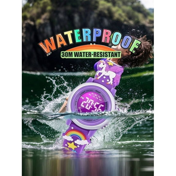 Unicorn Digital Kids Watch With 7-Color Light & 30M Waterproof - Multi-Function Party Favors For Kids, Gifts For Girls & Boys