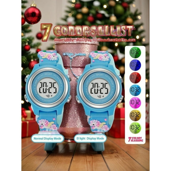 Unicorn Digital Kids Watch With 7-Color Light & 30M Waterproof - Multi-Function Party Favors For Kids, Gifts For Girls & Boys