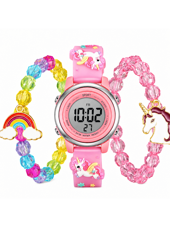 Unicorn Digital Watch and Unicorn Bracelet(3 Pieces) Luminous Watch with Alarm Stopwatch Unicorn Easter Birthday Gift