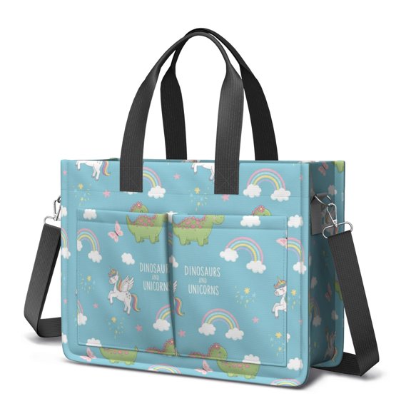 Unicorn and Dinosaur Blue Pattern Canvas Messenger Tote Bag, Nurse Handbag with Multi Pockets & Removable Strap, Durable Canvas Gifts for Women Men Teacher Nurse