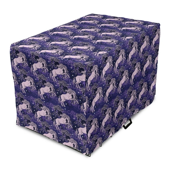 Unicorn Dog Crate Cover, Dreamy Star Mystic Creature Galloping Among Night Clouds Cosmos Theme, Easy to Use Pet Kennel Cover Small Dogs Puppies Kittens, 7 Sizes, Lilac Indigo Blue Violet, by Ambesonne