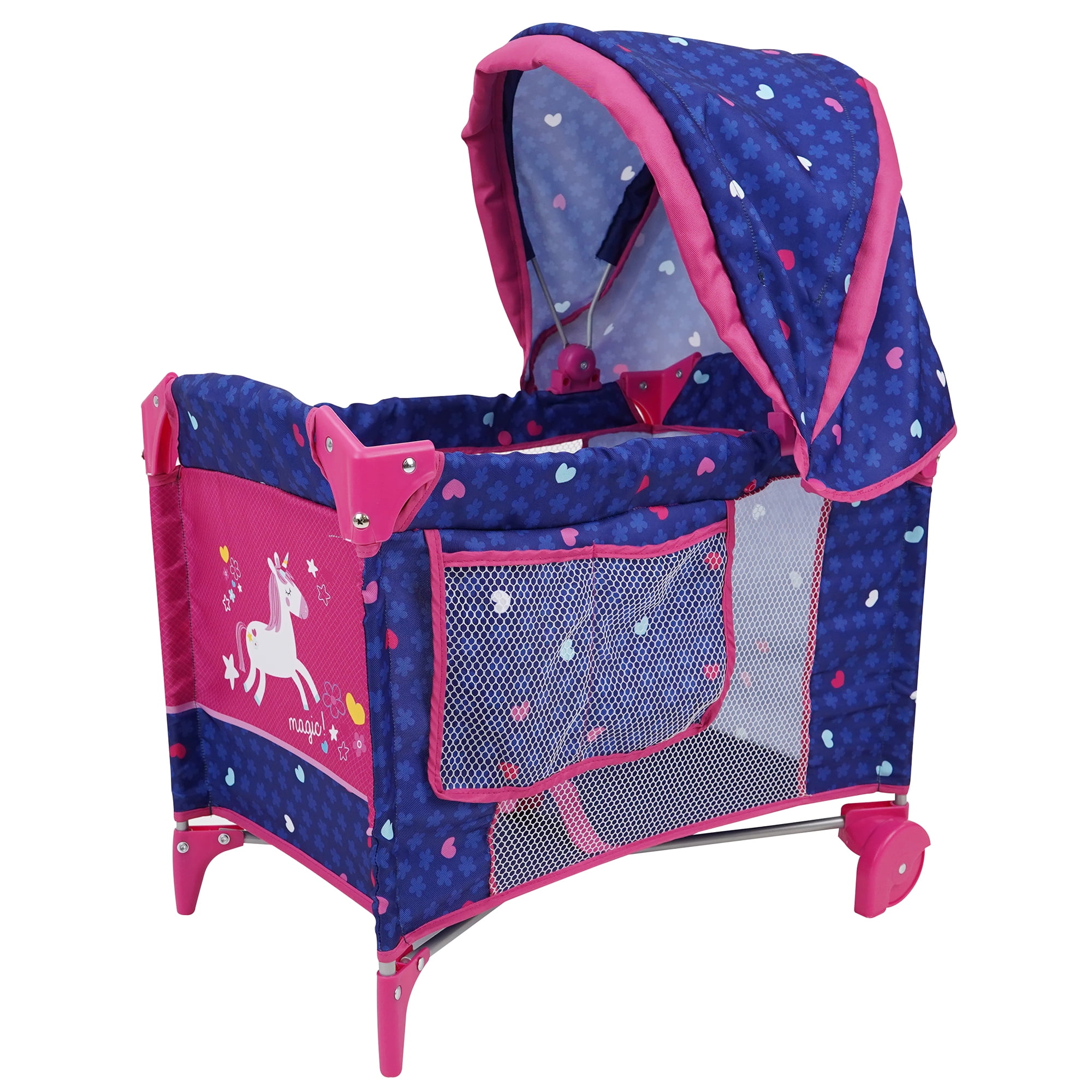 Unicorn Doll Sleep n Care Play Yard - Kids Pretend Play, Retractable Canopy, Wheels, Folds For Travel & Storage, Ages 3+