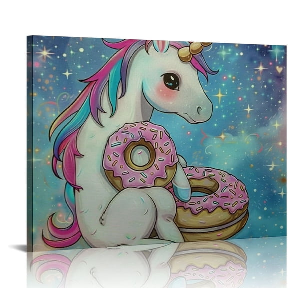 Unicorn Donut Sky Print on Canvas Wall Decor for Bedroom Kitchen, Ready to Hang Home Art 16x12in